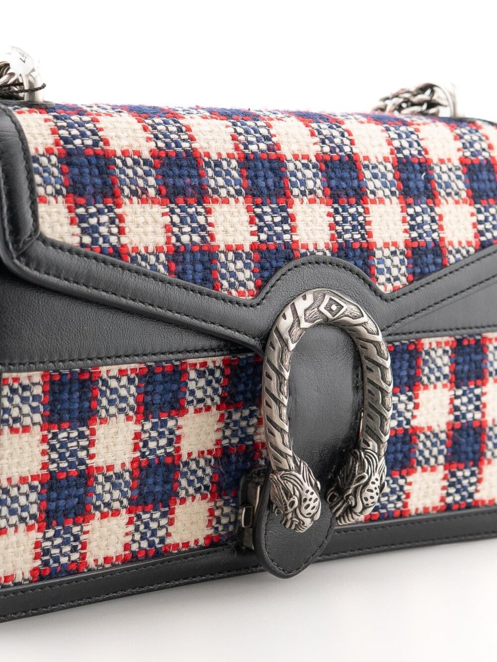 Gucci Tweed Check Small Dionysus Shoulder Bag White Hibiscus Red Marine
